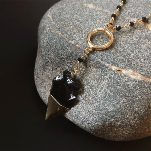FUWO Natural Obsidian Arrow Neckace, Healing Crystal Piont With 16/18Inches Black Beads Winding Chain Jewelry NC095 4Pieces/Lot