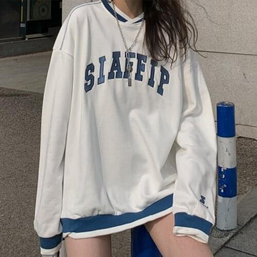 Sweatshirts Letter Print Pullovers V Neck Oversized Loose Casual Tops Women Retro Plus Sized Tops 2021 Spring Autumn Clothing