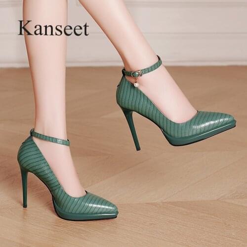 Kanseet Sexy Pointed Toe Super High Heels Womens Pumps Party Office Lady Elegant Handmade Genuine Leather Platform Women Shoes
