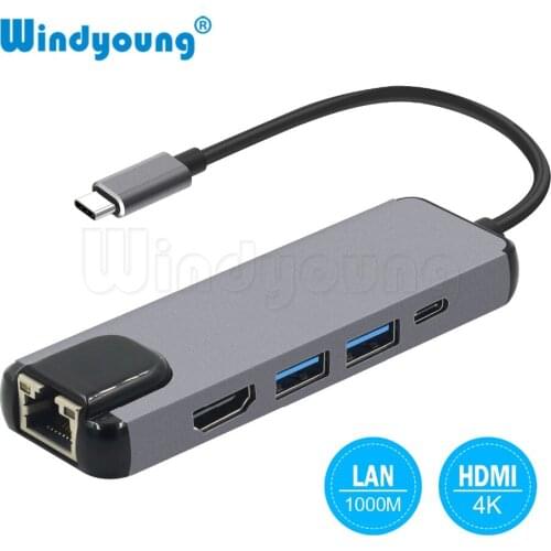 5 in 1 USB Type C Hub Hdmi USB C Hub to Gigabit Ethernet Rj45 Lan Adapter for Macbook Pro Thunderbolt 3 USB-C Charger Port