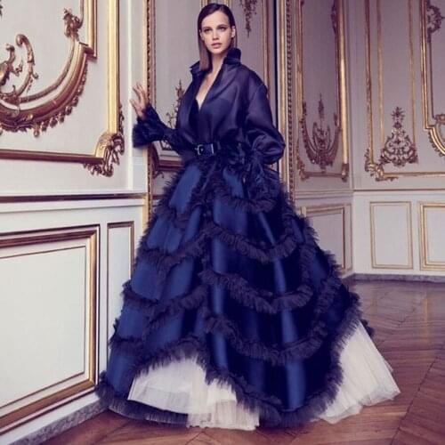 Vintage Arabic Navy Blue Puffy Prom Gowns Ruffles Tiered Tulle Long Formal Event Party Dresses Full Sleeves Dubai Long Gowns