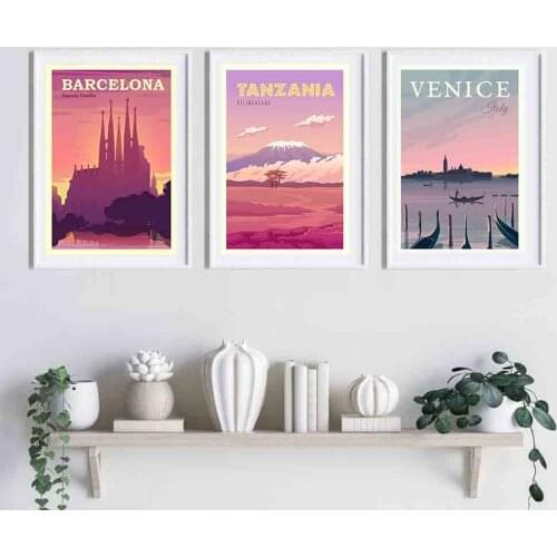 Nordic Vintage Travel Cities Poster Barcelona Venice Tanzania Landscape Art Canvas Painting Wall Pictures Home Decor Decoration