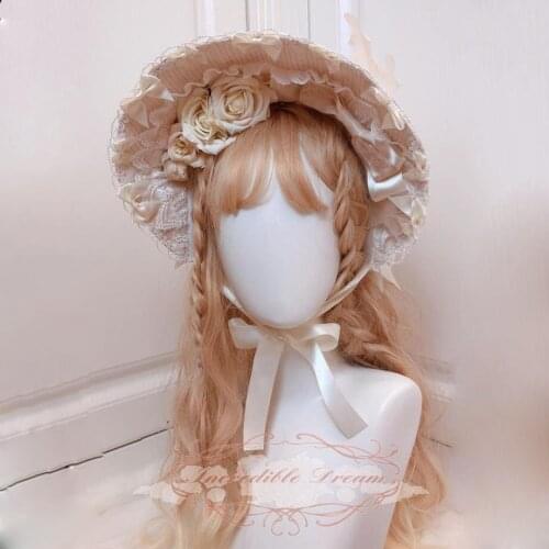 Japanese Vintage Princess Sweet Lolita Rose Bonnet Headwear Gothic Top Hat Sun Hat Women Lace Victorian Soft Wire Brim Bonnet