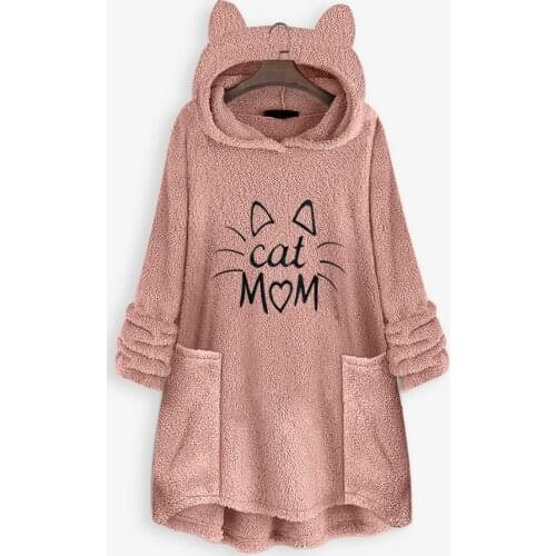 Women Hoodies Sweatshirt Warm Fleece Cute Cat Ear Hooded Coat Korean Kawaii Embroidery Letters Pullover Loose Moletom Feminino