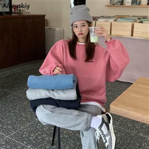 Hoodies Sweatshirts Women Winter Korean Streetstyle Students Loose Long Sleeve All-match O-neck Plus Velvet Thickening Patchwork