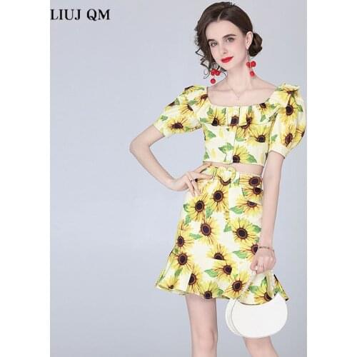 Summer Short Skirt Sets For Women 2021 Print Short sleeve Chiffon Top With Beach Bodycon High Waist Skirt Woman Two Piece Outfit