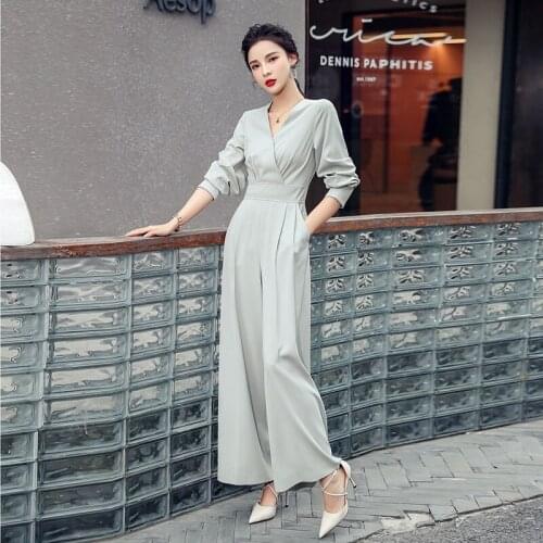 New Autum Temperament V-Neck High Waist Wide-Leg Jumpsuit Ladies High Quality Casual Rompers Femme