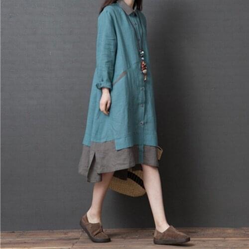 Autumn Women Dress Plus Size Casual Contrast Color Long-sleeve Cotton and Linen Shirt Dress 2020 Spring Spliced Loose Vestidos