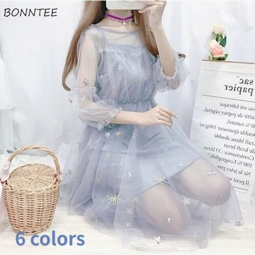Dress Women Mesh Summer Sweet Students 6 Colors Ulzzang Design Lovely Casual Elegant Mujer Prairie Chic Daily Vestidos Ins New