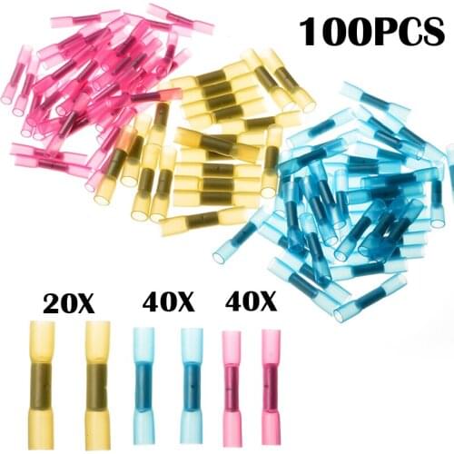 100PCS Insulated Waterproof Heat Shrink Butt Electrical Crimp Splice Terminals Wire Cable Connectors Terminators 3 Sizes Kit