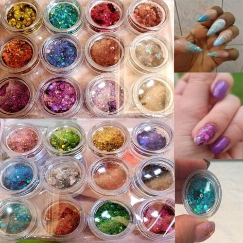 24Colors/Set Chunky Holo Laser Nail Glitter Sequins;24Jars Chameleon Nail Flakes Sequins Super Shining Paillette Nail Art