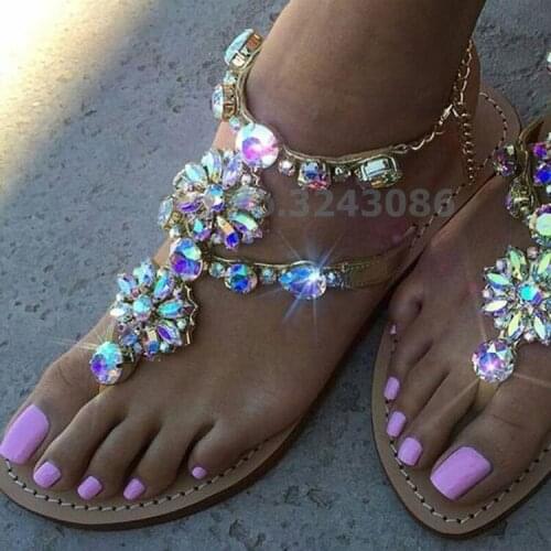 Bling Bling Crystal Flower T-Strap Chain Flat Sandals PVC Transparent Shining Jewelry Black White Gold Silver Beach Shoes