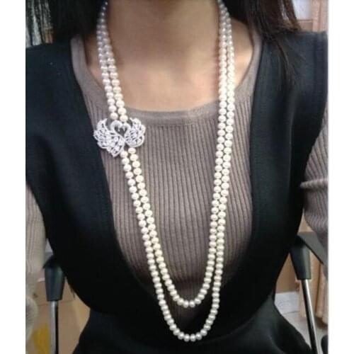 Double strands 9-10mm south sea round white pearl necklace 24"26" KKK