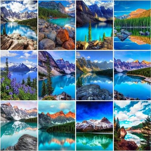 Huacan Diamond Mosaic Embroidery Mountain Lake 5D Diamond Painting Kit Landscape Beaded Pictures Decorative