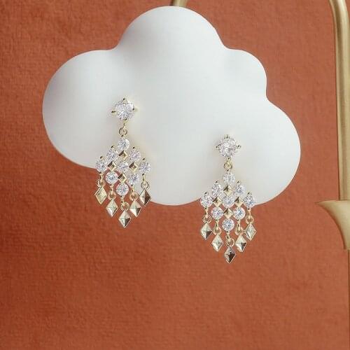 Korean Fashion Design Transparent CZ Tassel Women Earring Bohemia Plated 3 layers 14k Real Gold Feminia Stud Earrings Pendant