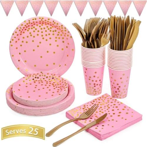 Pink Gold Party Supplies Golden Dot Disposable Dinnerware Sets Cutlery Tableware Paper Plates Decoration for Birthday Wedding