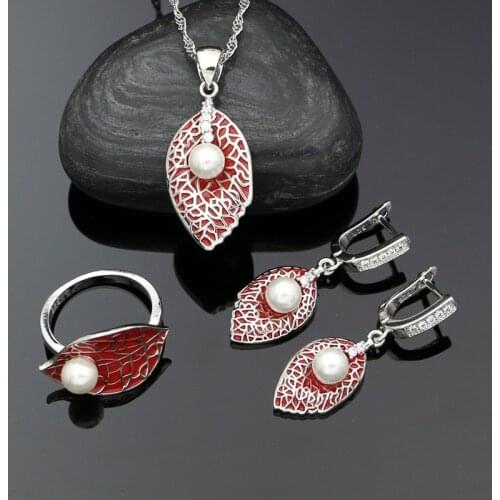 Red Enamel Leaf Pearl 925 Sterling Silver Brides Jewelry Set Earrings Pendant Ring Chain Anniversary Gift