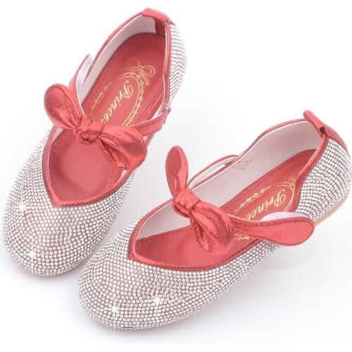 New Summer Girls Leather Shoes Children Girls Baby Princess Bowknot Slip-on Sneakers Pearl Diamond Single Shoes Kids Dance Shoes