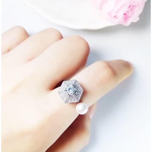 New 925 Sterling Silver Umbrella Shape Pearl Rotating Open Ring Zirconia Crystal Micro inlaid Female Party Jewelry Wholesale