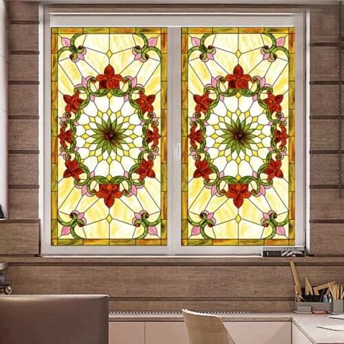Custom Size Window Films Vintage European Stained Translucent Self-Adhesive Glass Film, Door Stickers Church Rose WindowH502