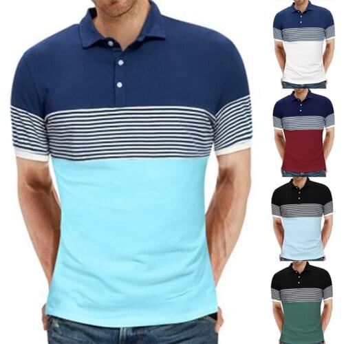 Hot Kf-Mens Fashion Casual Lapel Short Sleeve Striped Stitching T-Shirt Top