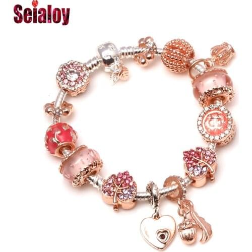 Seialoy Shiny Love Flower Heart Charm Bracelets For Women Girls Original New Leaf Beaded Pendant Bracelet & Bangle Jewelry