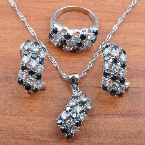 Silver Color Jewelry Sets Black Zirconia Earrings For Women Pendant Ring Necklace Set Gift Jewelry Box JS0284