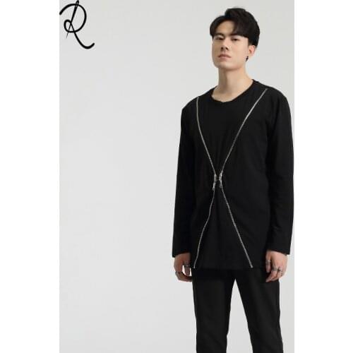 Spring Dark Department of Personality cross-zipper stitching casual casual casual casual casual casual long-sleeved t-shirt men