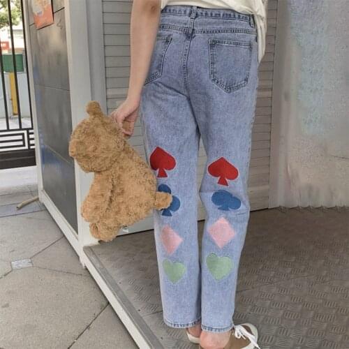 2021 Women Summer Loose Straight Long Denim Pants Wide Leg Jeans Poker Embroidery Cotton High Waist Trousers