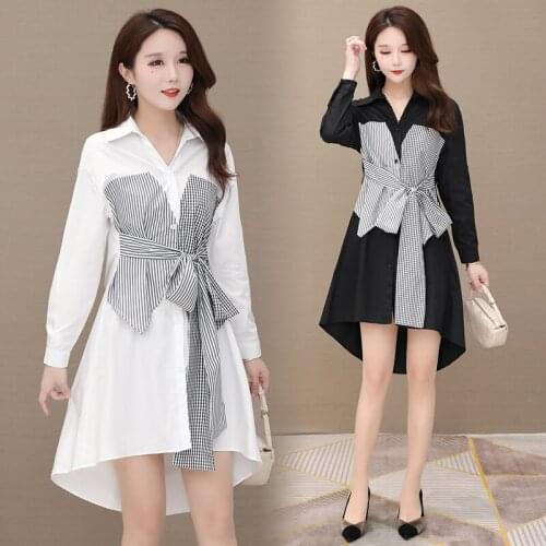Spring Autumn Patchwork Plaid Shirt Dress Women Casual Loose Bow Tunic Dress Ladies Fashion Summer Irregular Knee-Length Dress