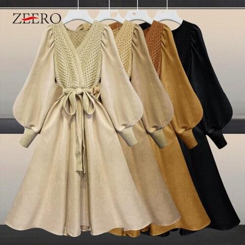 Autumn Winter Female Casual Jacquard Knitted Splicing Dress Women Elegant V-Neck Lantern Sleeve Solid Color A-Line Midi Dresses
