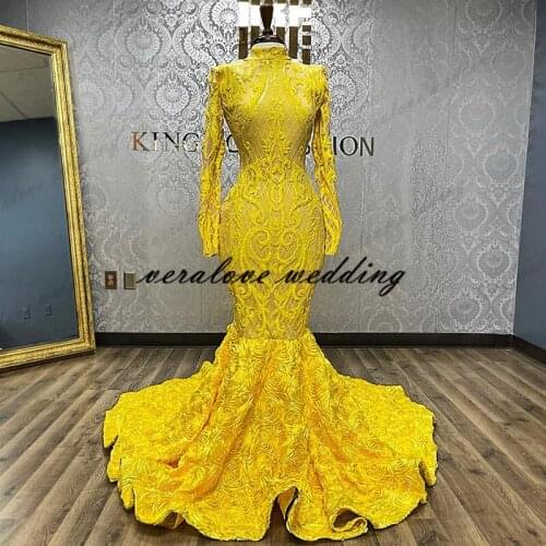 Desinger Mermaid Prom Dresses with Long Sleeves Yellow African Evening Dresses 3D Froal Flower vestidos de novia Party Gowns