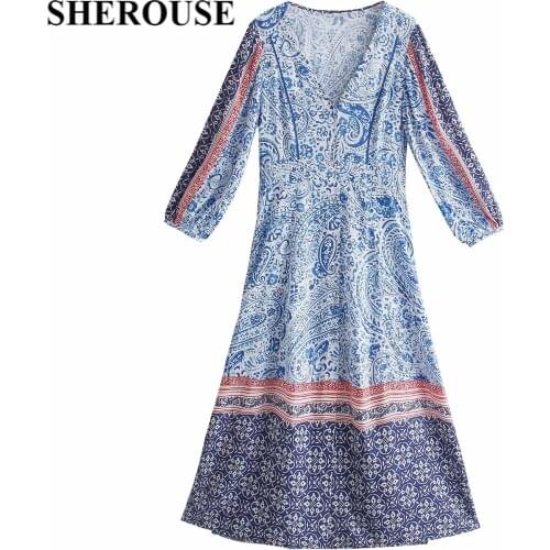 2021 Women Fashion Printed Single Breasted Midi Dress Long Sleeve V-Neck Vintage Female Dresses Vestidos Mujer