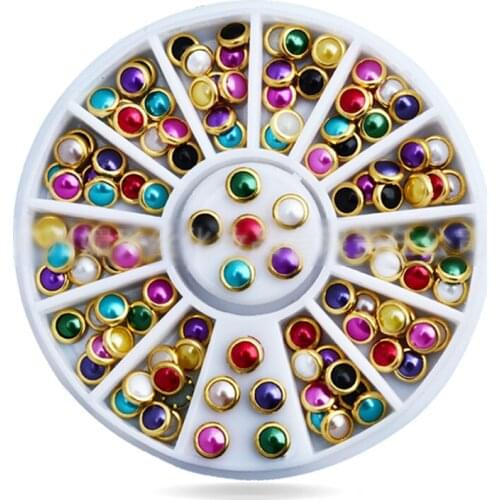4mm/ 1 Box 4mm White/Mix Color Gold Round Metal Frame Rim Pearl 3D DIY Nail Art Jewely 4mm 1 Box Assorted Color Pearl