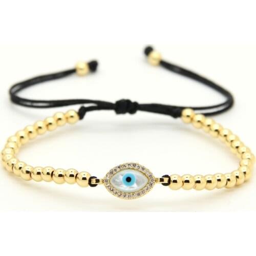 Ailatu Wholesale New Arrival 4mm Copper Beads with Micro Inlay Zircon Turkish Shell Eye Cz Charm Mens Macrame Braided Bracelet