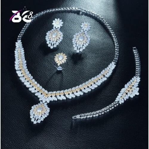 Be 8 Luxury 2 Tones Elegent Cubic Zircon 4pcs Necklace Jewelry Wedding Bridal Set Flower Leaf Shape Jewelry Set for Lady S274