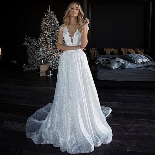 White Sparky Wedding Dresses 2021 Cap Sleeve Robe de Mariage V Neck Bride Dress Lace Applique Sexy Wedding Gowns Illusion Back