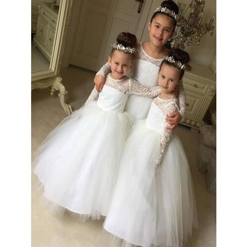White Flower Girl Dresses For Wedding Long sleeve Lace Applique Princess Ball Gown Tutu Lace Kids First Holy Communion Dresses