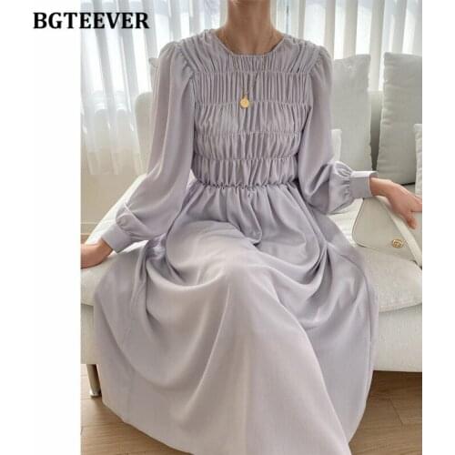 BGTEEVER Casual O-neck Women Solid Dress 2021 Spring Summer Full Sleeve Loose Female Straight Dress Elegant Ladies Vestidos