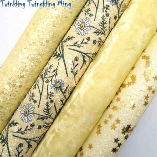 Twinkling Twinkling Yellow Glitter Leather with Stars Printed Daisy Glitter Fabric Crushed Velvet Vinyl BOWS DIY 21X29CM KM537
