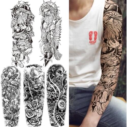 Large God Wolf Temporary Tattoo Men Women Adult Fake Warrior Flower Full Sleeve Tattoos Sticker Black Long Size DIY Tatoos Decal