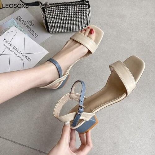 Thick Heel Sandals Womens Shoes Summer 2021 New Fashion Square Toe Buckle High Heel 3-5 Cm Sandals Female