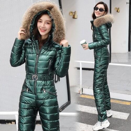 One Piece Ski Suit Women Jackets Winter Hooded Parka Jumpsuit Women Cotton bodysuit Sashes Jumpsuits Zipper Overalls Tracksuits