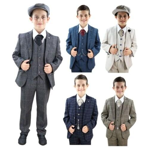 Kids 3 Piece Suit Boys Tweed Check Wool Peaky Blinders 1920s Classic Vintage