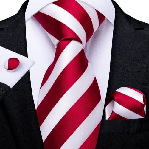 DiBanGu Mens Necktie Red White Striped Designer Silk Wedding Tie For Men Necktie Ring Hanky Cufflinks Tie Set Business Party