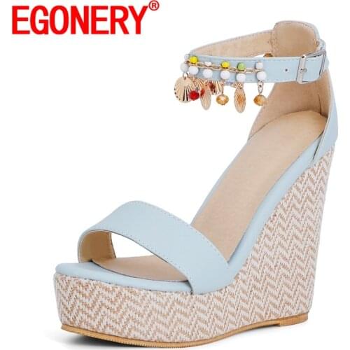 EGONERY Women Slope Heel Sandals lovely sweet summer New Style chromatic colour String beads decoration Concise Comfortable