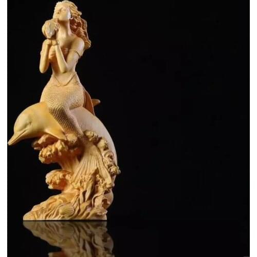 18cm Wood Mermaid Living Room Decoration Beauty Figure Statue Crafts Office Boxwood Lucky Sculpture Mermaid Home Decor