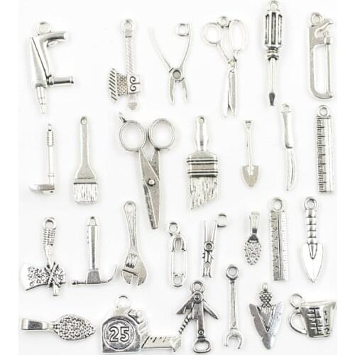 30pcs Charms Tools Scissors Wrench Ruler Shovel Ax Screwdriver Antique Silver Color Mixed Pendants DIY Findings Tibetan Jewelry