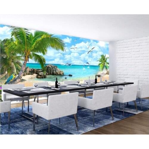 Custom mural photo 3d room wallpaper Dolphin coconut trees on beach painting 3d wall murals wallpaper for walls 3 d