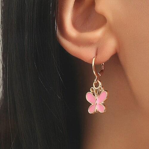 Sweet Pink White Butterfly Hoop Earrings for Women Ladies Mini Cute Animal Drop Huggies Earings Trendy Party Jewelry